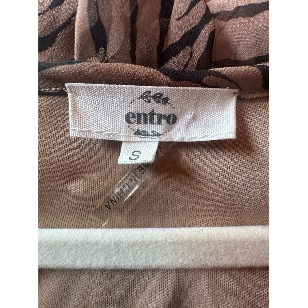 Entro Tan Black Zebra Print Mini Dress Sz Small Ruffled V Nevkline Tiered Skirt